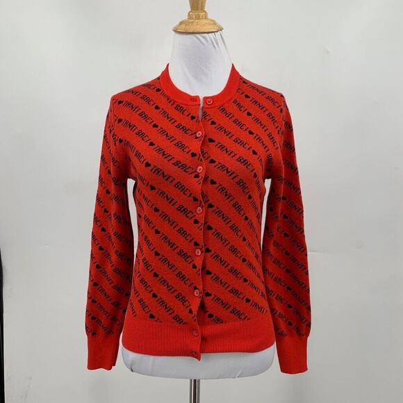 J Crew Cardigan Womens S Small Red Navy Merino Wool Blend Tanti Baci Button Up - Picture 2 of 14